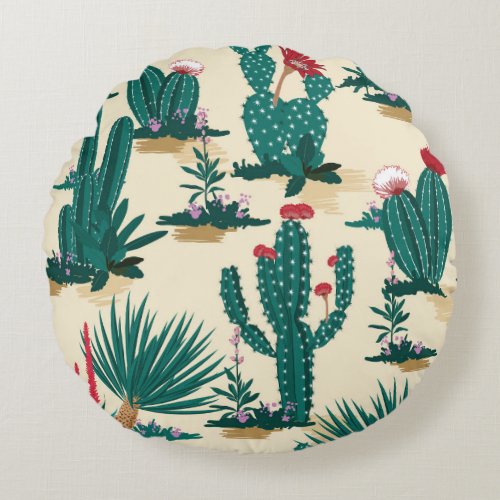 Summer Cactus Blooming Desert Print Round Pillow