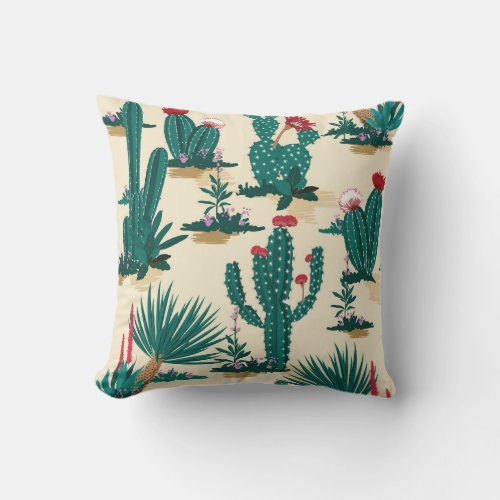 Summer Cactus Blooming Desert Print Throw Pillow