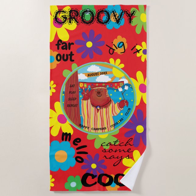 Summer Camp Beach Towel Flower Groovy Bear  (Front)