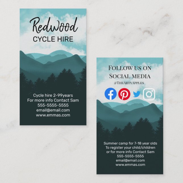 summer camp camp site forest cycle hire mountains business card (Front/Back)