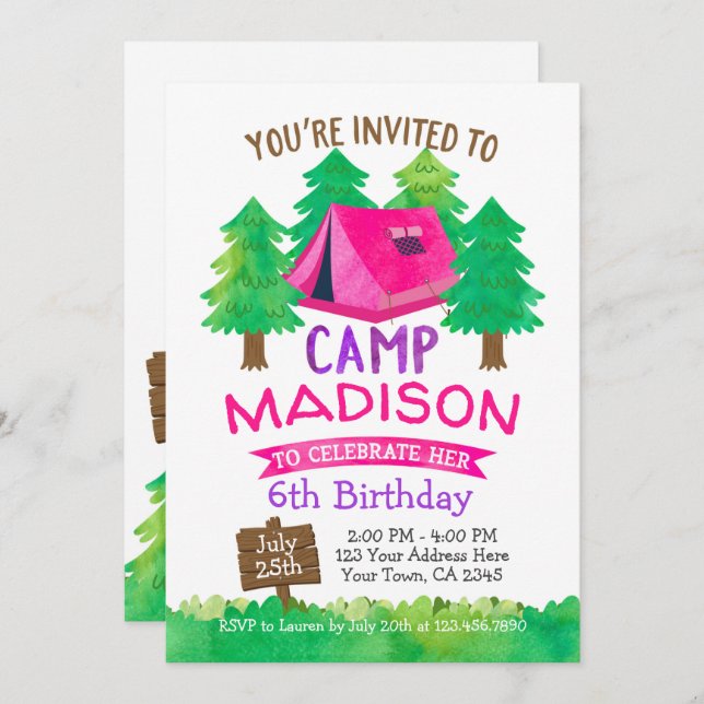 Summer Camp , Camping Birthday Invitation (Front/Back)