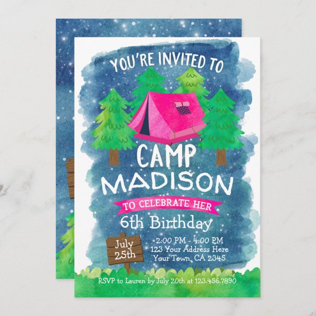 Summer Camp , Camping Birthday Invitation (Front/Back)
