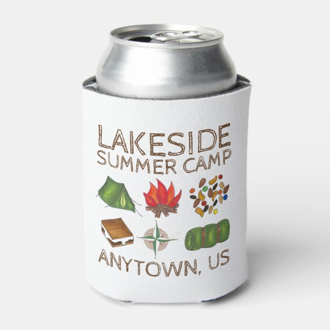 Summer Camp Compass Campfire S'mores Tent Trailmix Can Cooler (Can Front)