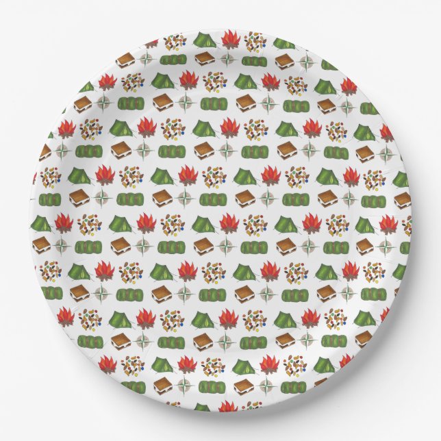 Summer Camp Compass Campfire S'mores Tent Trailmix Paper Plates (Front)