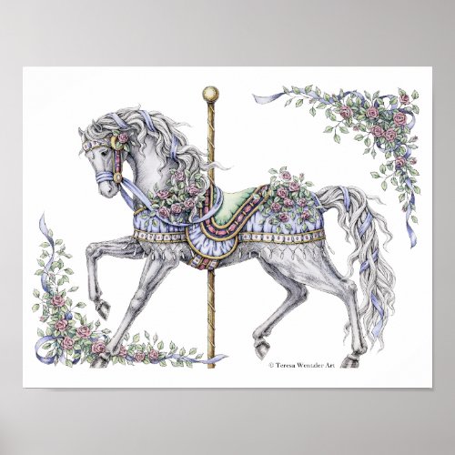 Summer Carousel Horse Pen and Ink Drawing Poster