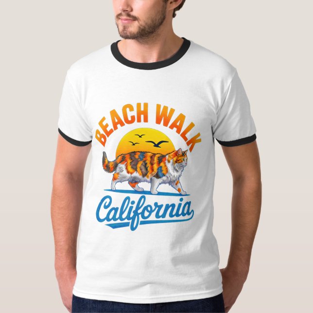Summer Cat Beach Walk - Calico Lover Gift T-Shirt (Front)