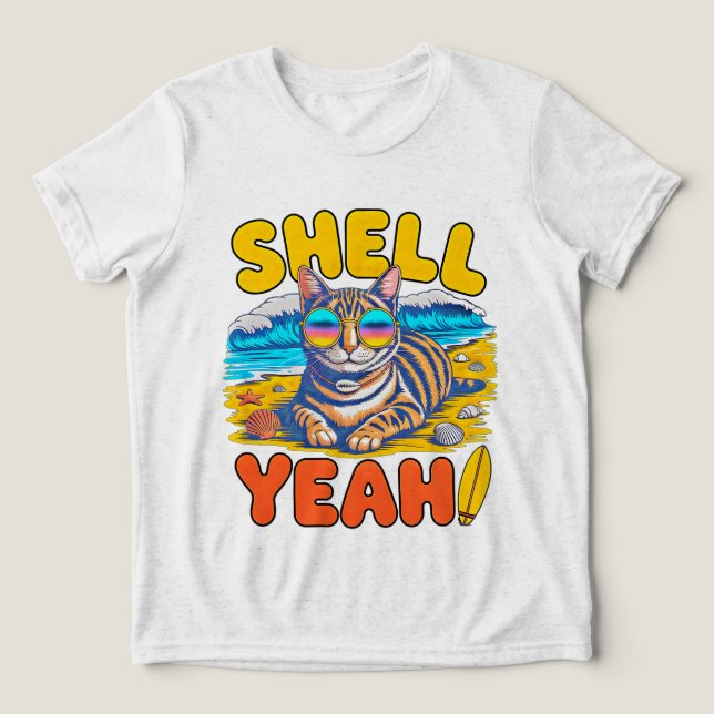 Summer Cat Shell Yeah Funny Retro Beach Lover Gift Tri-Blend Shirt (Design Front)
