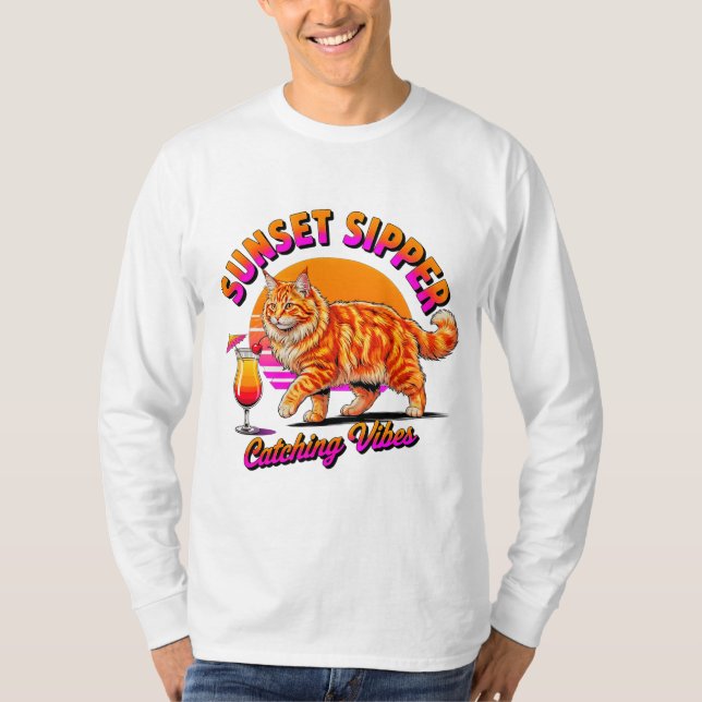Summer Cat Sunset Sipper - Retro Orange Tabby Gift T-Shirt (Front)