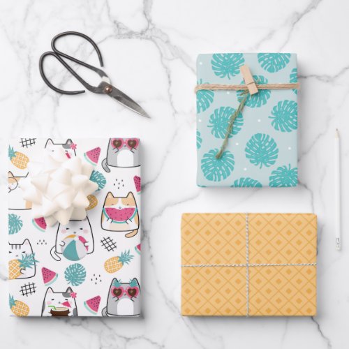 Summer Cat Tropical Fruits Wrapping Paper Sheets