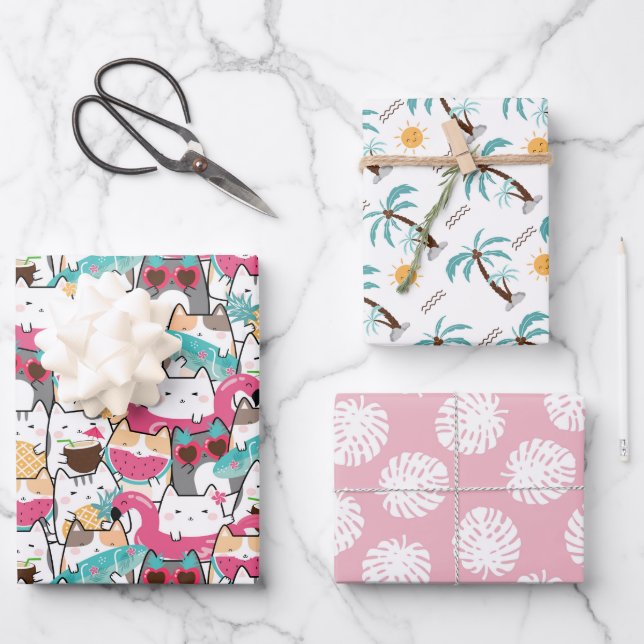 Summer Cat Tropical Tree Wrapping Paper Sheets (Front)