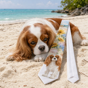 Summer Cavalier King Charles Spaniel Watercolor Neck Tie