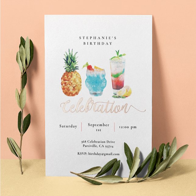 Summer Celebration Blue Cocktail Birthday Party Foil Invitation (Creator Uploaded)