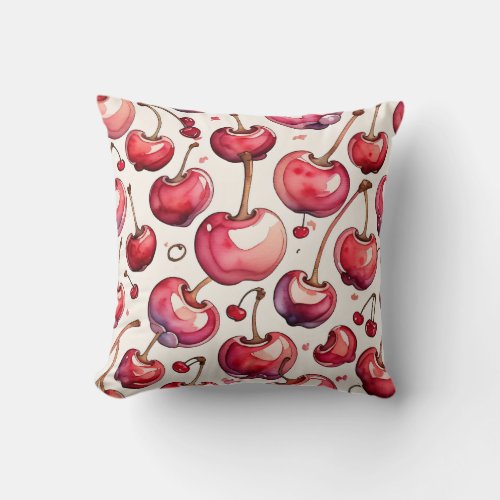 Summer Cherry Fruit Watercolor Throw Pillow