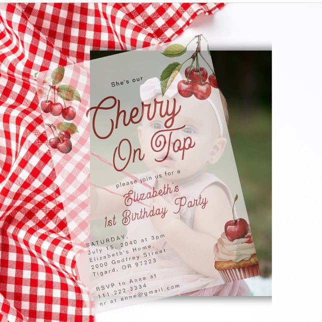 Summer Cherry On Top First 1st Birthday Overlay Vellum Invitations (Creator Uploaded)