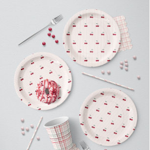 Summer Cherry Stripe Botanical Picnic Paper Plates