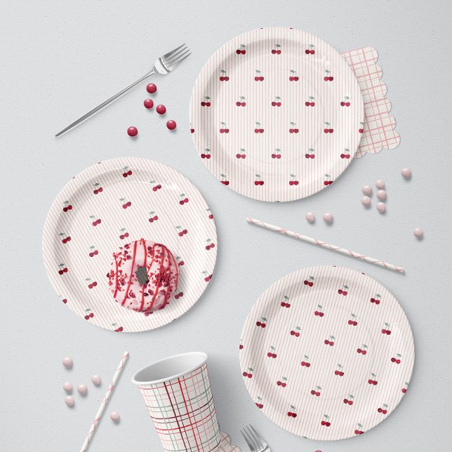Summer Cherry Stripe Botanical Picnic Paper Plates (Creator Uploaded)