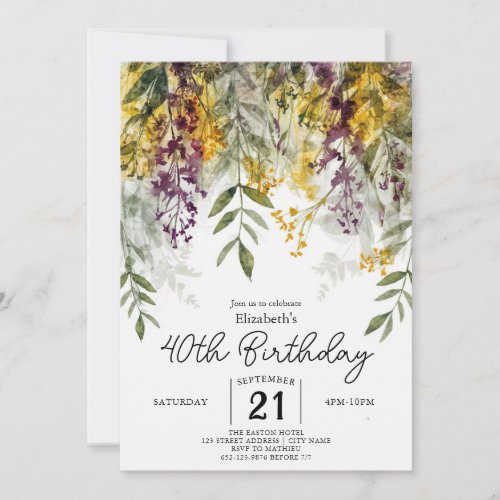 Summer Chic Wildflowers 40th birthday Invitation