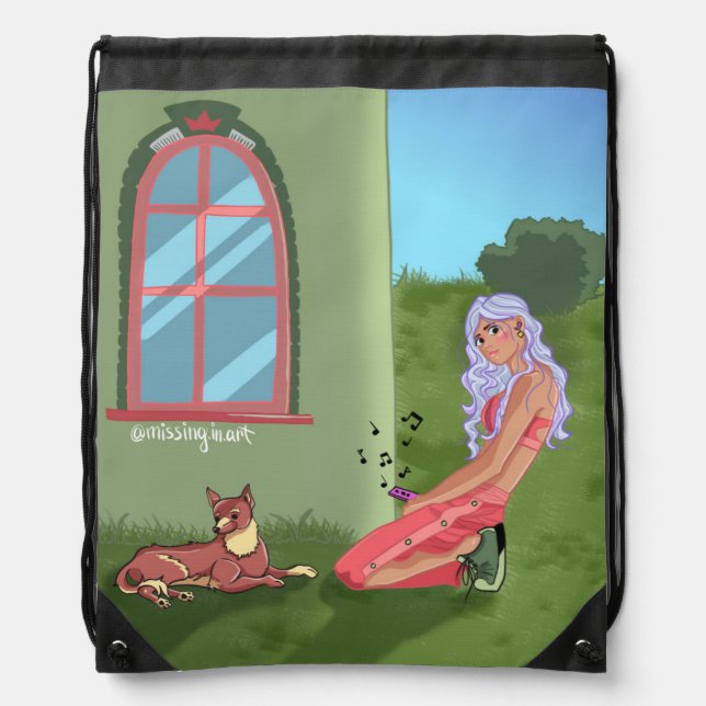 Summer Chilling Girl Dog Green Illustration  Drawstring Bag (Front)