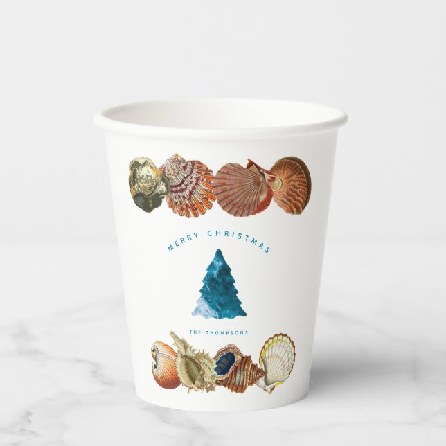 Summer Christmas Beach Seashell Custom Name Paper Cups (Front)