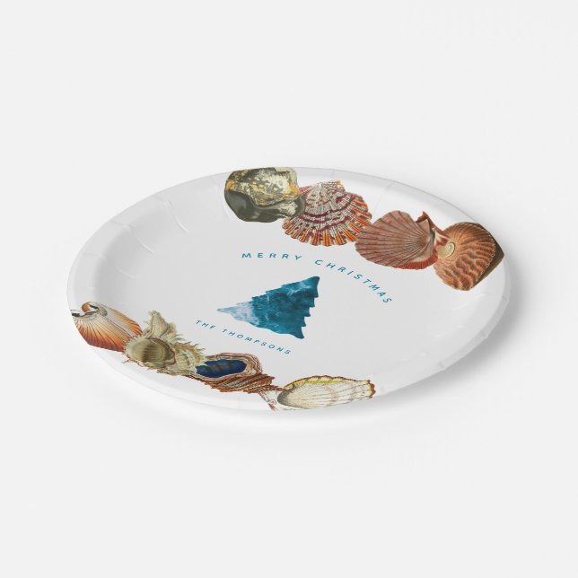 Summer Christmas Beach Seashell Custom Name  Paper Plates (Angled)