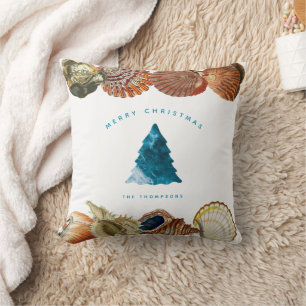 Summer Christmas Beach Seashell Custom Name Throw Pillow