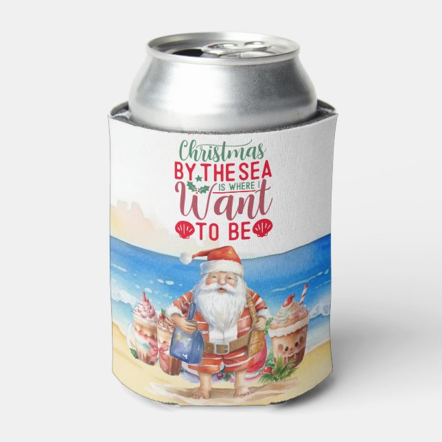 Summer Christmas with Santa Claus at beach funny Can Cooler (Can Front)