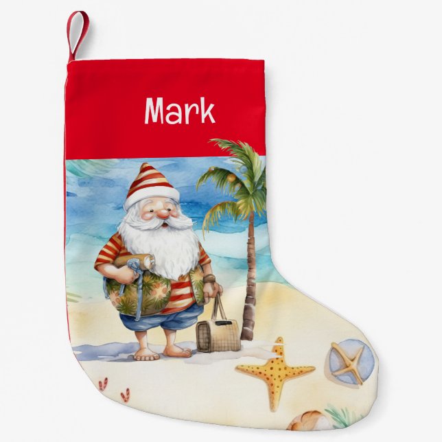Summer Christmas with Santa Claus on beach  Small Christmas Stocking (Front)