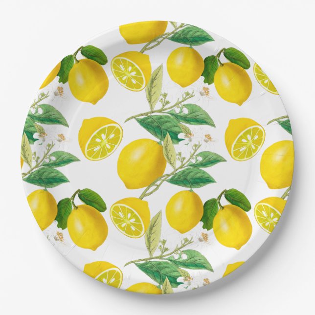 Summer, citrus ,floral Mediterranean style ,lemon  Paper Plates (Front)