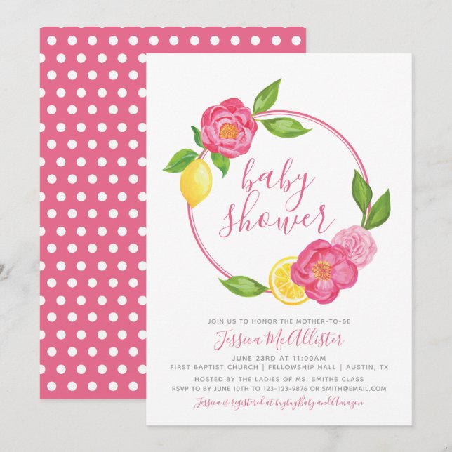 Summer Citrus Floral Wreath Girl Baby Shower Invitation (Front/Back)