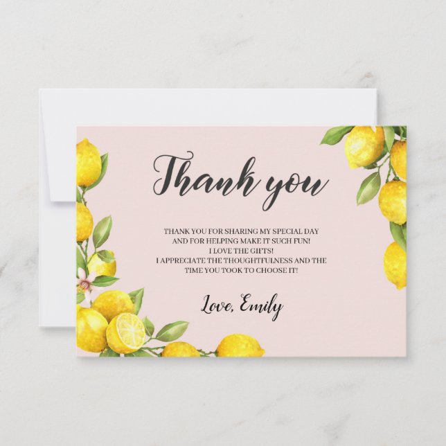Summer citrus lemon bridal shower thank you card (Front)