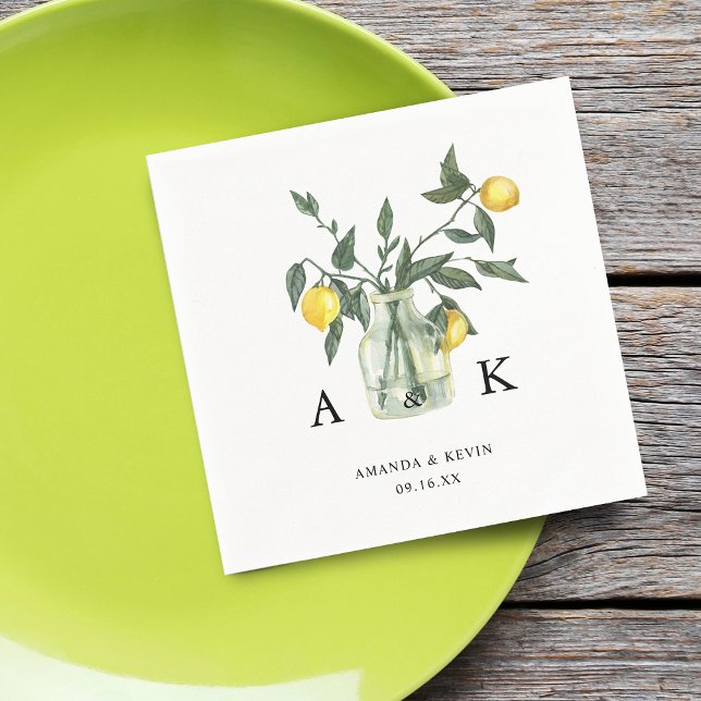 Summer Citrus Lemon Greenery Monogram Wedding Napkins (Summer Citrus Lemon Greenery Monogram Wedding Napkins)