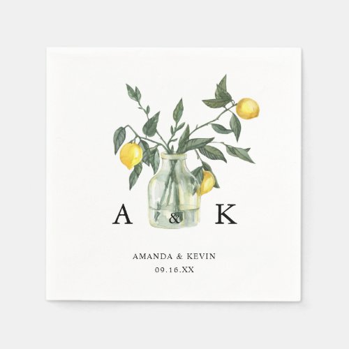 Summer Citrus Lemon Greenery Monogram Wedding Napkins