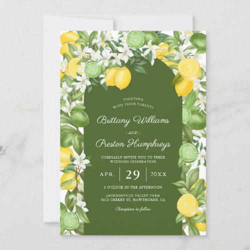 Summer Citrus Lemon Lime Wedding Invitation - Modern summer wedding invitations featuring a dark green arch centrepiece, an array of citrus lemon & lime fruits, botanical foliage, and a elegant wedding template.