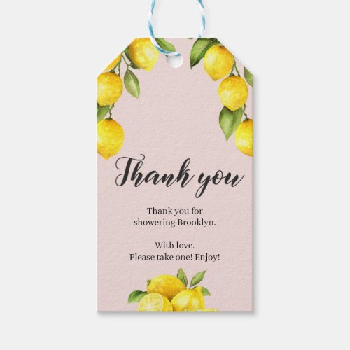 Summer citrus lemon pink yellow bridal shower gift tags