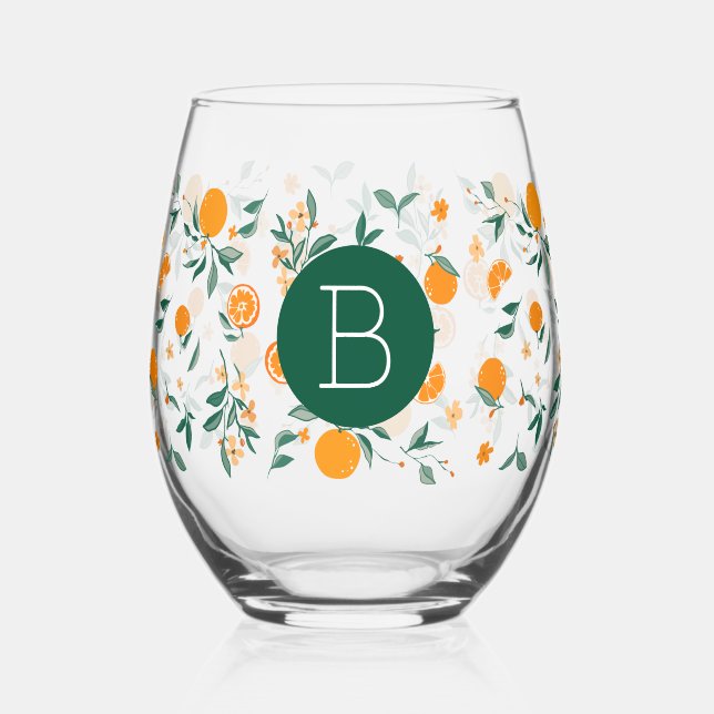 Summer Citrus Oranges & Foliage Monogram Stemless Wine Glass (Front)