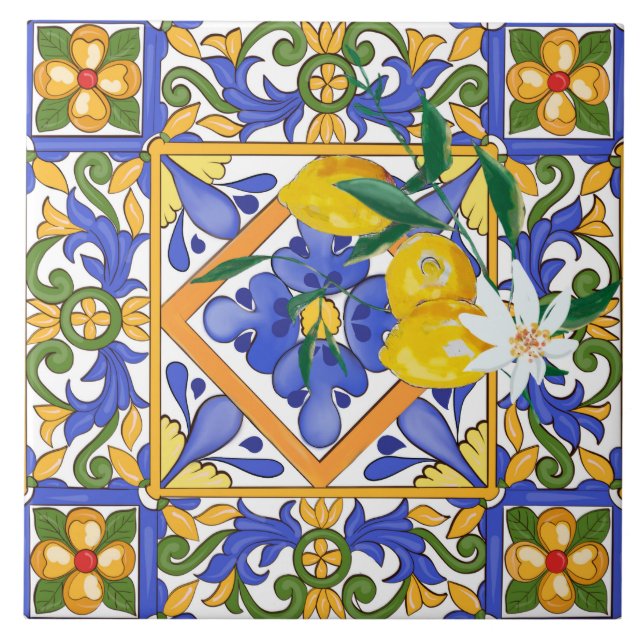 Summer,citrus,Sicilian,Mediterranean style,lemon,m Ceramic Tile (Front)