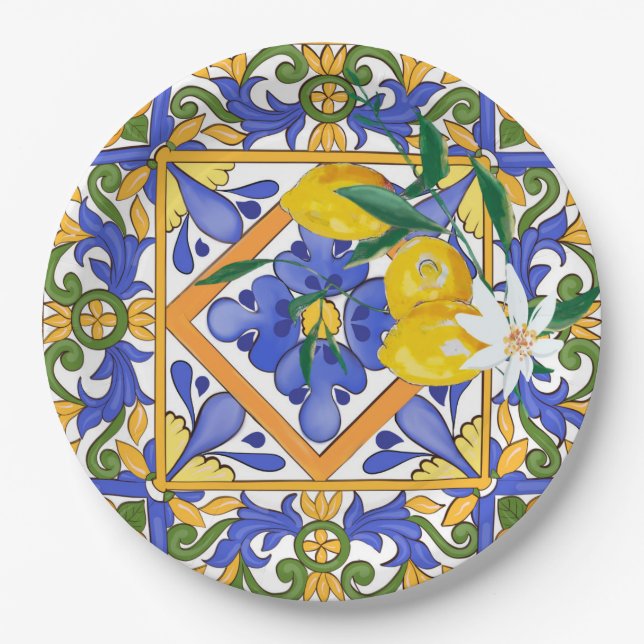 Summer,citrus,Sicilian,Mediterranean style,lemon,m Paper Plates (Front)