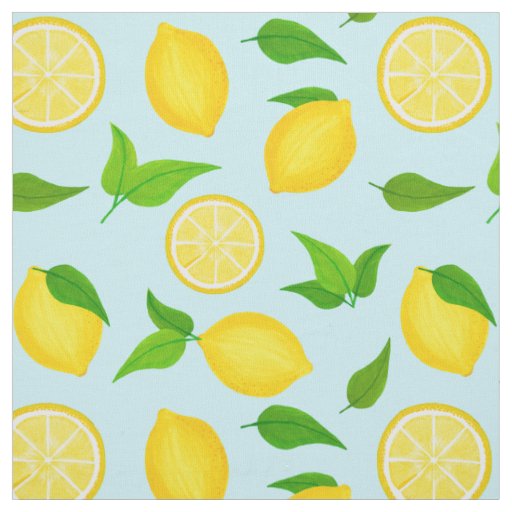 Summer Citrus Yellow Lemons and Leaves Pastel Blue Fabric