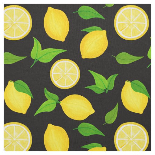 Summer Citrus Yellow Lemons green Leaves on Black Fabric | Zazzle