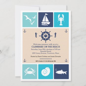 Summer Clambake Nautical Beach Icons Party Invitation by starstreamdesign at Zazzle
