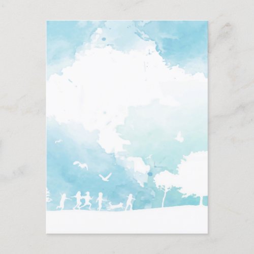 Summer Clouds Blue Sky Children Playing Watercolor Announcement Postcard