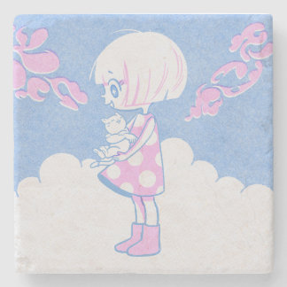 Summer Clouds, Girl and Kitty Stone Coaster