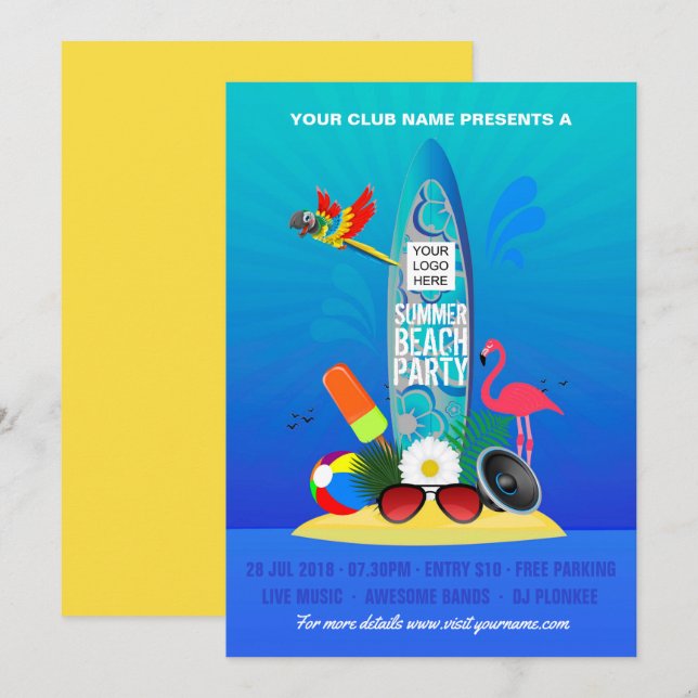 Summer Club Beach Party add logo invitation (Front/Back)