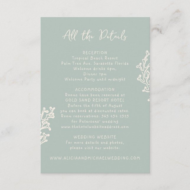 Summer coastal beach sage wedding guest details  enclosure card (Front)