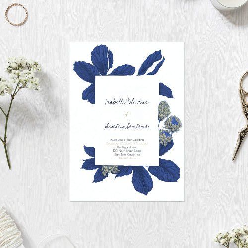 Summer Cobalt Blue Dahlia Flowers Leaves Wedding Invitation