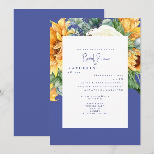 Summer Cobalt Blue Sunflower Tuscan Bridal Shower. Invitation (Front/Back)