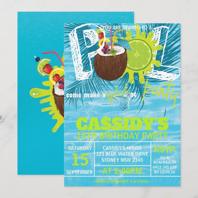 Summer coconut Birthday Pool Party Invitation (Front/Back)