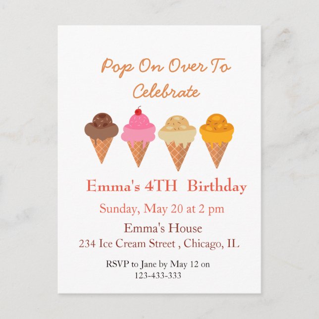 Summer Colorful Ice cream Birthday party    Invitation Postcard (Front)