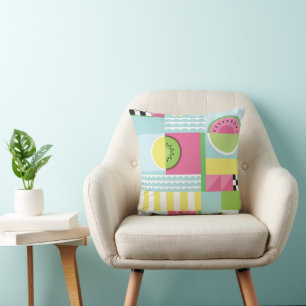 Summer colorful mosaic, watermelon kiwi fruit throw pillow