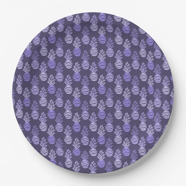 Summer colorful pineapple fruit blue pattern paper plates (Front)